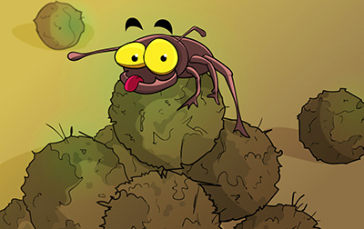 The dung beetle sits atop his pile of crap - illustration by Rowan Ferguson from www.elfshot.com/illustration