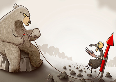 Bear contemplates sending the mole away - illustration by Rowan Ferguson from www.elfshot.com/illustration