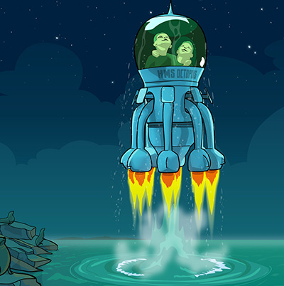 The boys set off in their octopus spaceship - illustration by Rowan Ferguson from www.elfshot.com/illustration